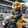 A large, yellow, anthropomorphic bird character, dressed in amateur motorcycle racing gear.png